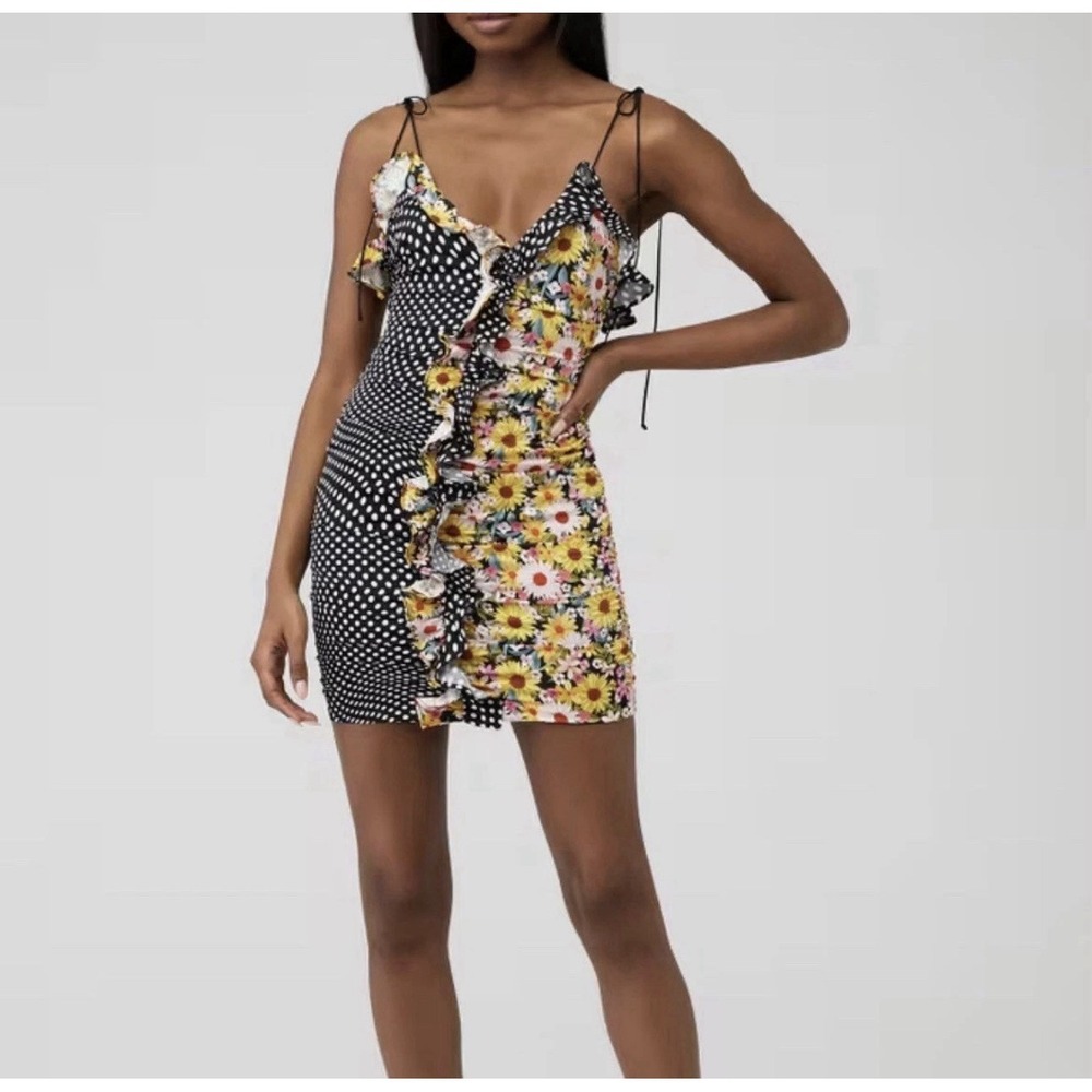 For Love & Lemons Mochi Shirred Mini Dress Polka Dot/Floral Women's NWT XS